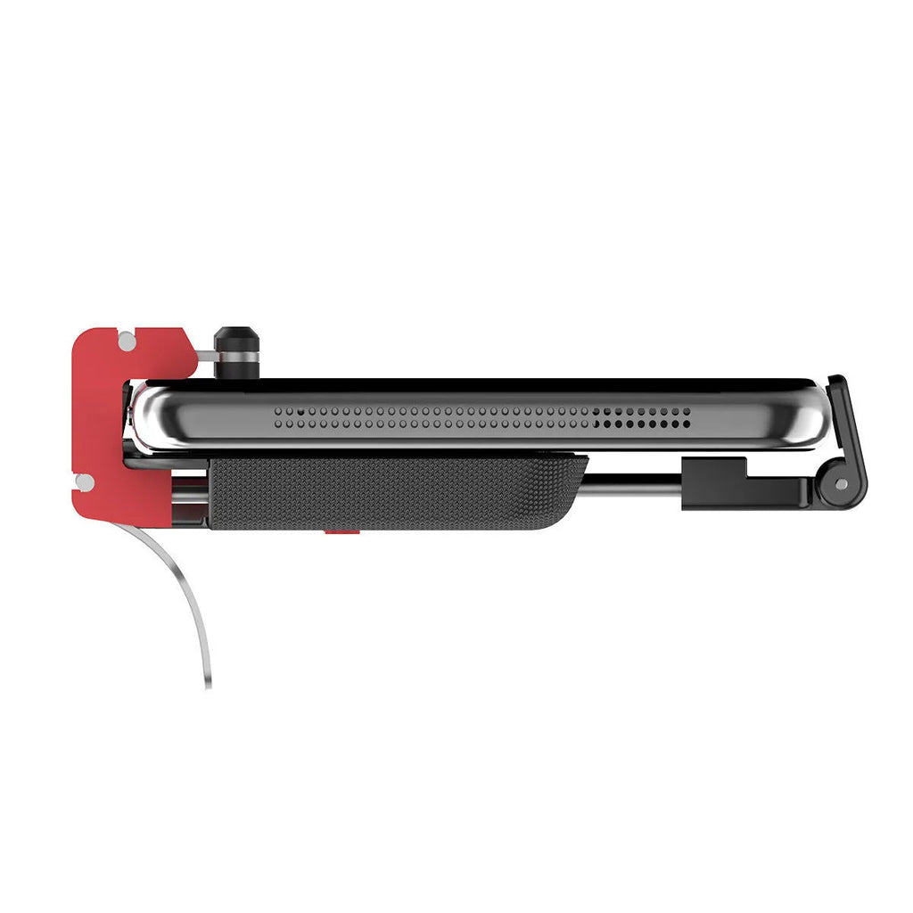 Black mobile phone gaming bracket with a metal trigger and telescopic fixing clip for phones.