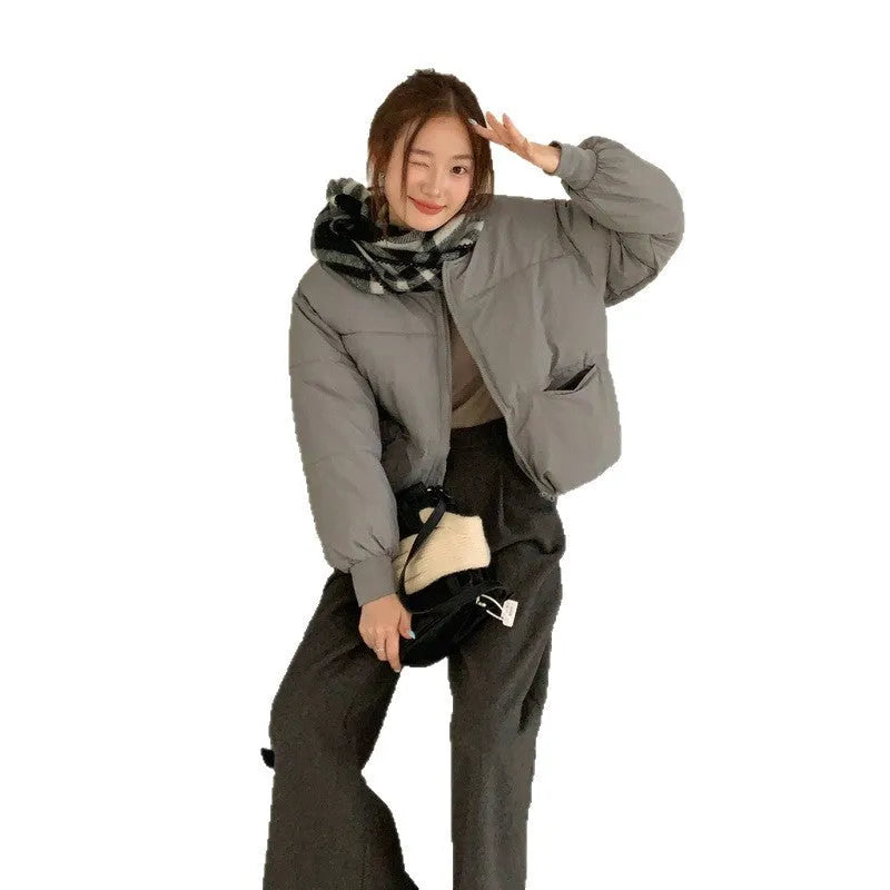 Gray loose short down jacket for women plus size with pocket details, solid colour