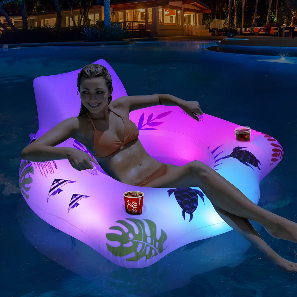 White luminous U-shaped inflatable float on water showing 120x120cm dimensions