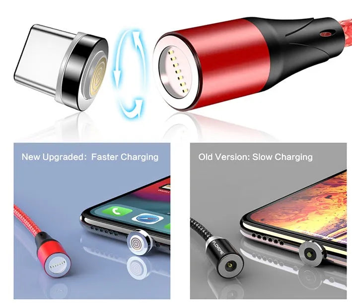 Black magnetic USB fast-charging cable with LED light, compatible with Apple iPhone and Android phones