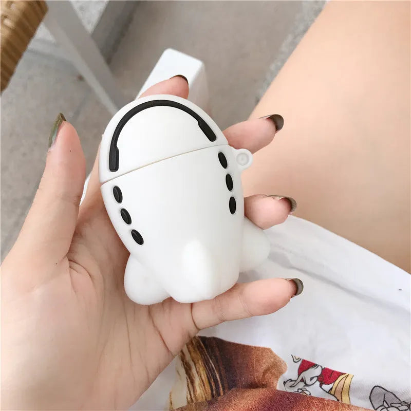 Cartoon airplane themed silicone flip case for Apple AirPods 1 and 2 with a metal carrying hook attached.