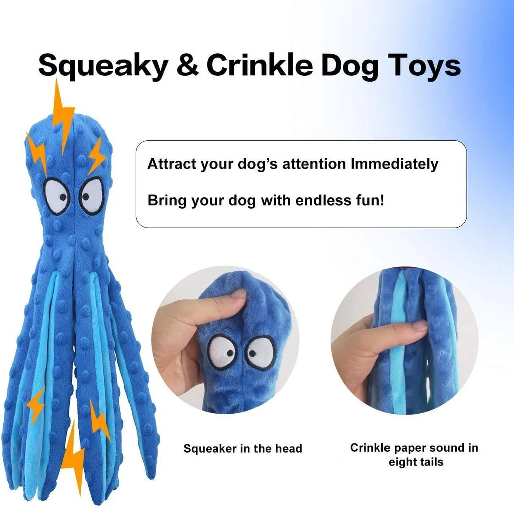 Blue octopus-shaped dog chew toy with crinkle sounds, unfilled construction, bite-resistant mesh material
