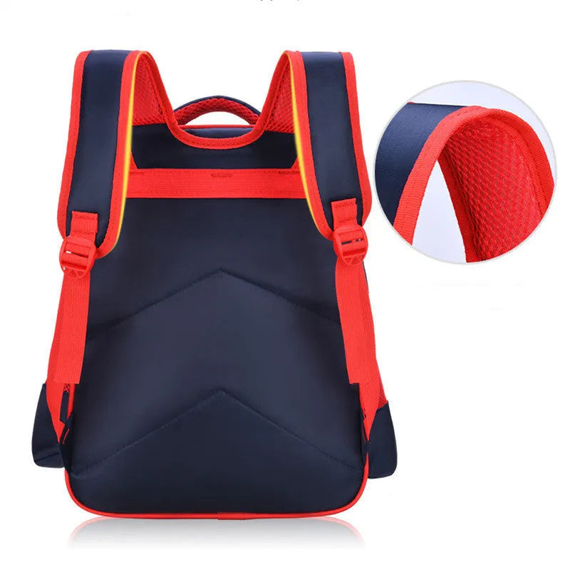 Blue children's anime cartoon backpack with double shoulder straps showing school books inside