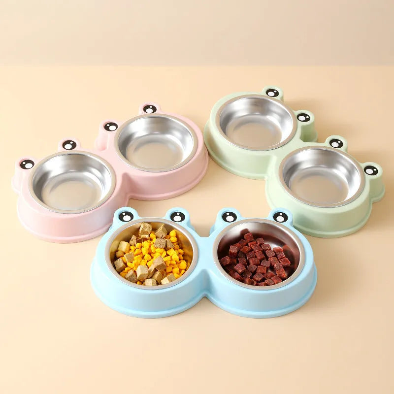 Stainless steel pet double bowl with food and water compartments in blue, green, and pink colour options