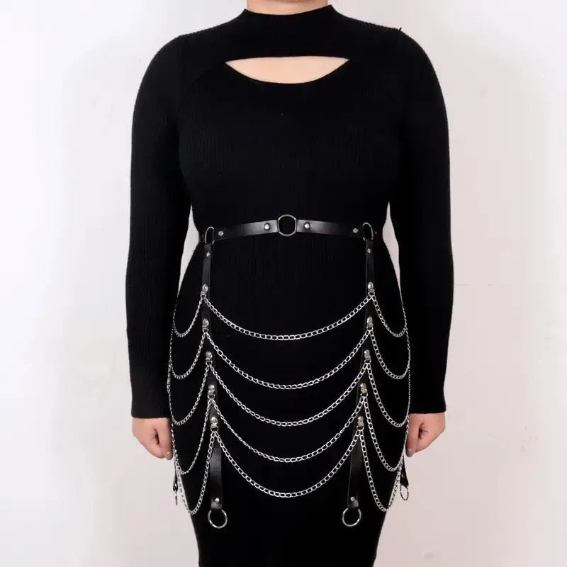 Black PU leather waist chain ornament with bandage detail and chain binding decoration