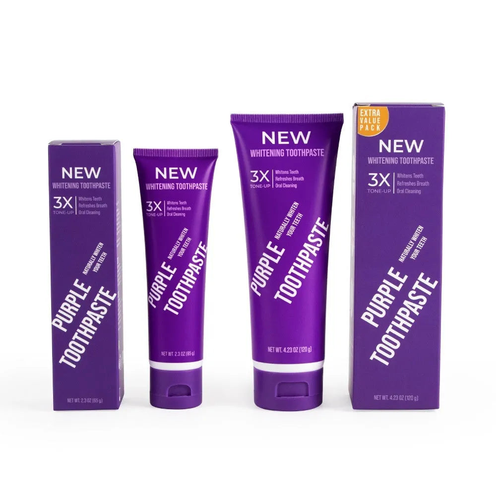 Purple whitening toothpaste tube for adults in 120g and 65g sizes for yellow stain removal.