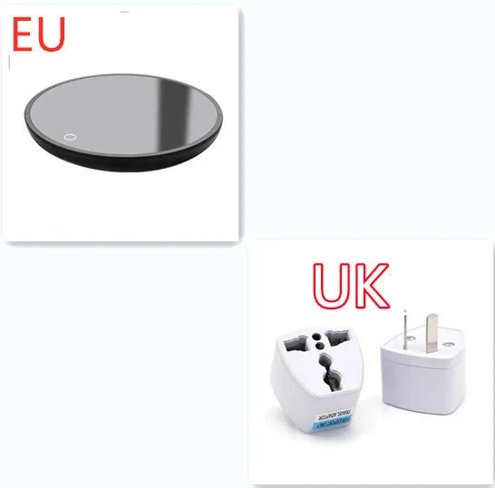 Black coffee cup warmer with 12 cm tempered glass heating surface and ABS plastic base