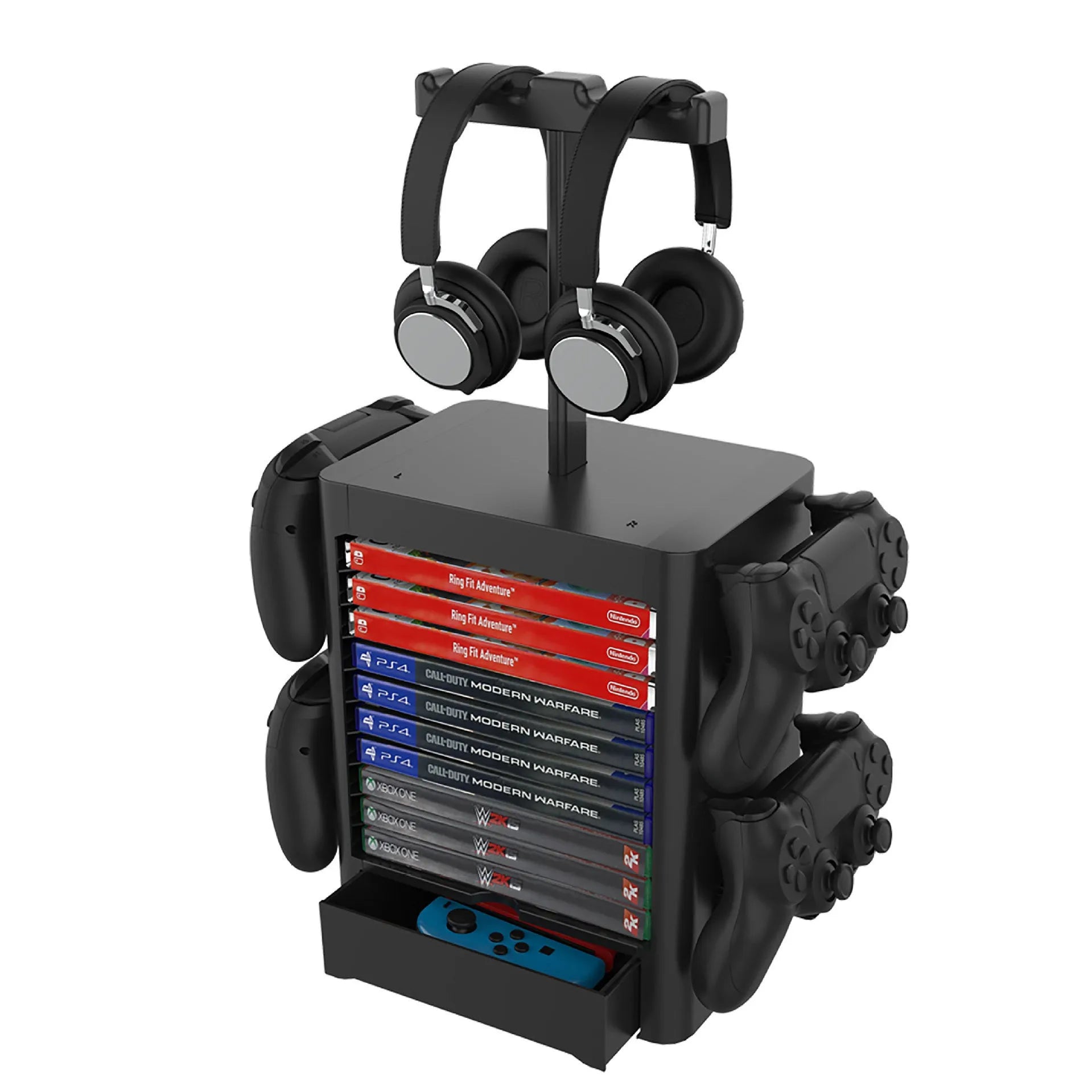 Black gaming console CD storage rack with headphone top, side controller hooks, and bottom accessory drawer