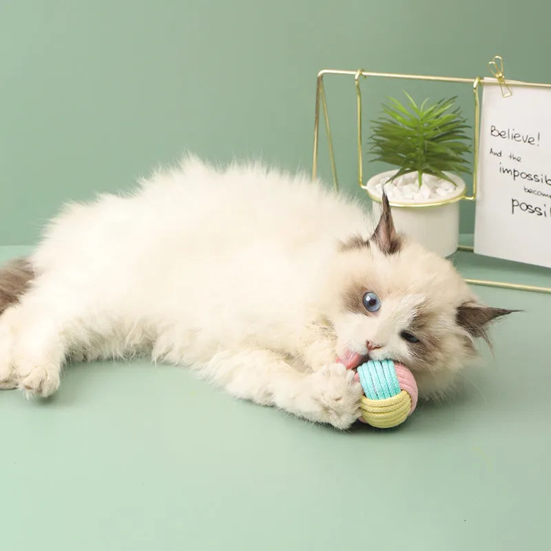 Handmade 5cm plush cotton ball cat toy in blue powder, green blue, and pink green colour options