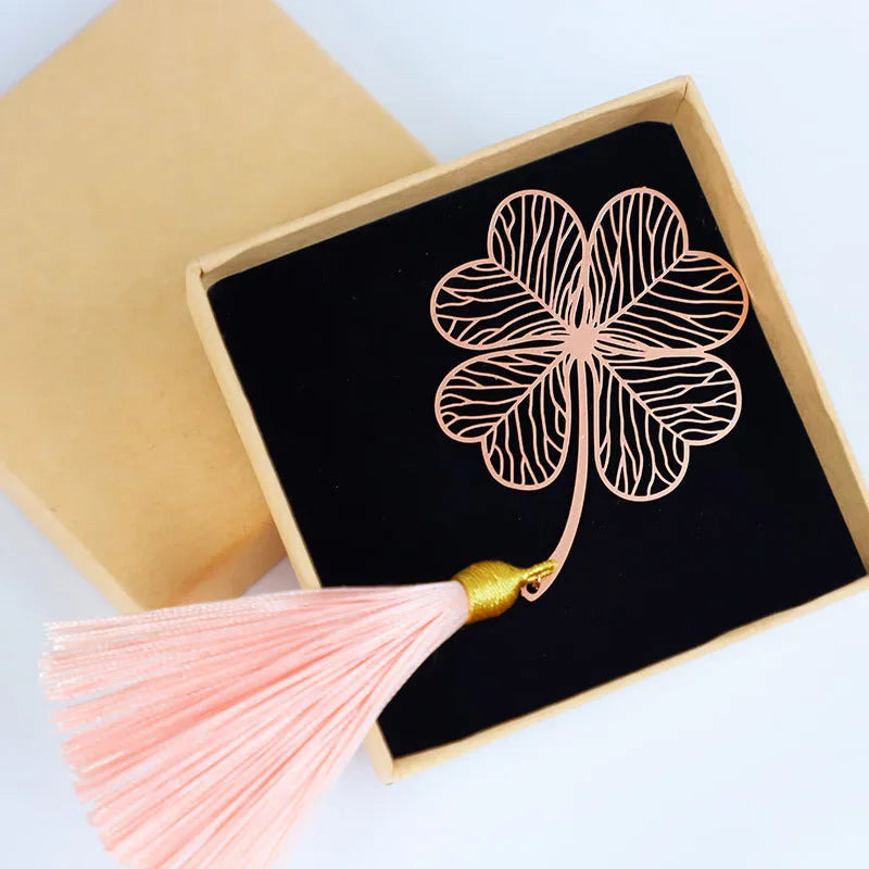 Brass metal bookmark with hollow plating decorative leaf pattern and rose gold tassel