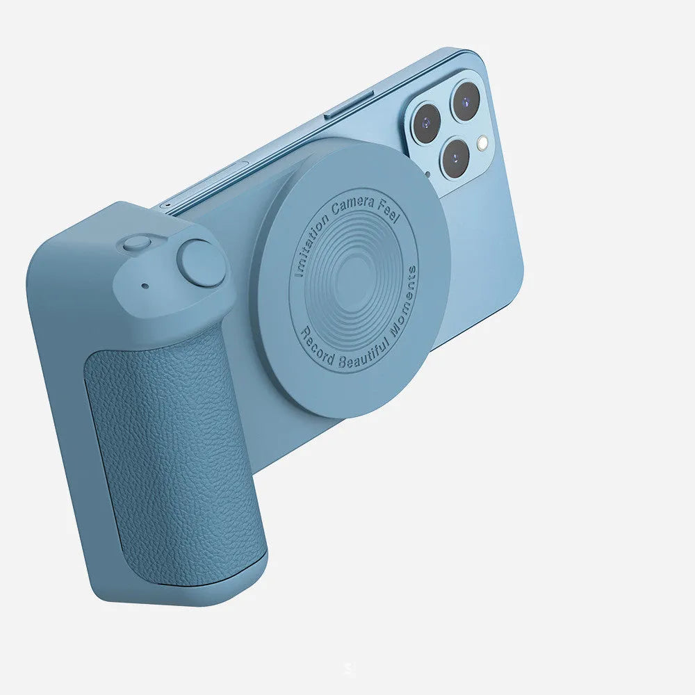 Black magnetic camera handle bracket for smartphone photography with rotatable design and ergonomic grip
