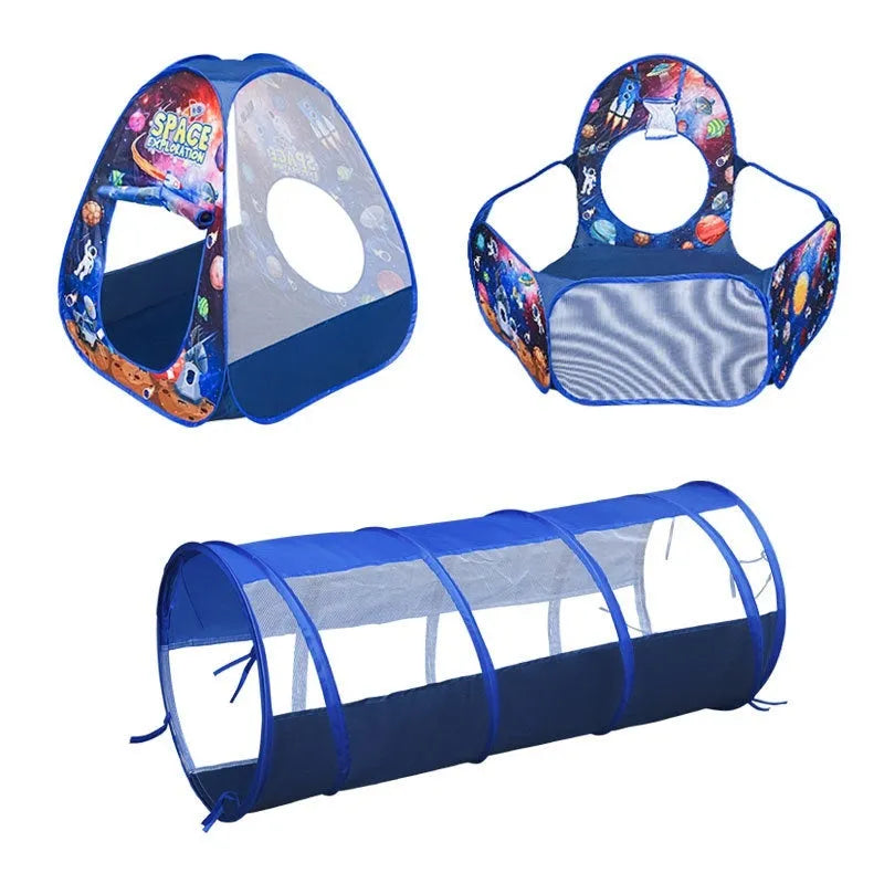 Three-piece children's play tent centre with integrated ball pool and tunnel in colourful cartoon design