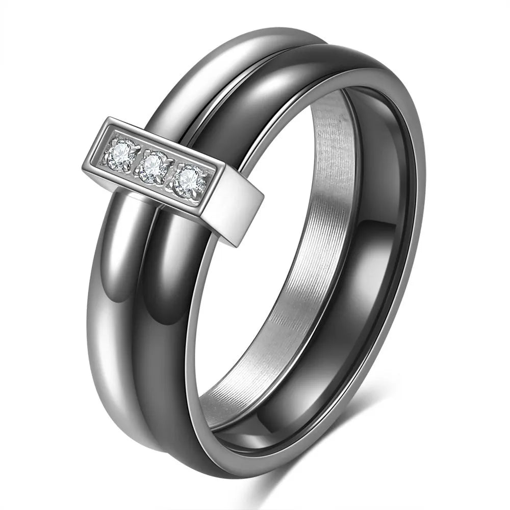 Women's glossy ceramic ring with geometric zirconium inlay in golden white or steel black colour