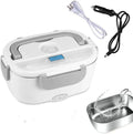 Grey plastic dual-power electric lunch box with stainless steel inner liner for car and home use.
