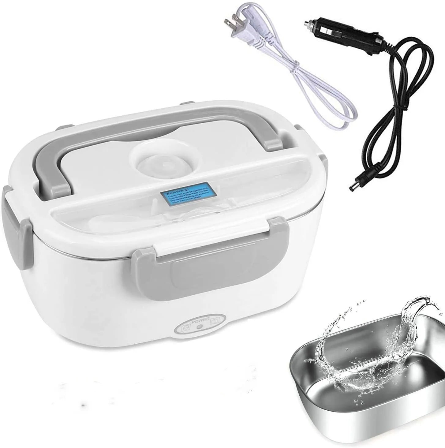 Grey plastic dual-power electric lunch box with stainless steel inner liner for car and home use.