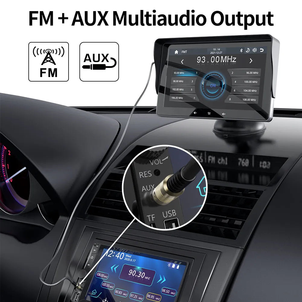 7 inch wireless CarPlay car display with cigarette lighter interface and suction cup mount