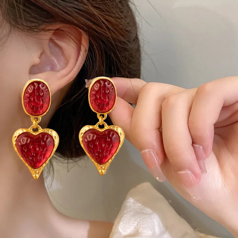 Silver needle pleated oval love heart stud earrings in alloy with purple, red, green, and yellow white colour options