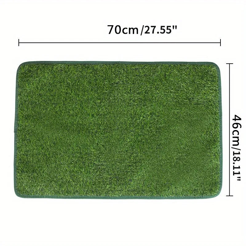 Washable artificial grass pet training mat for dogs and cats on a tiled floor.