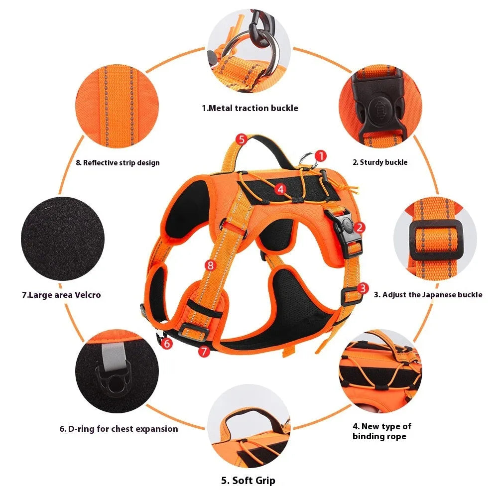 Reflective explosion-proof dog harness vest with hand-holding rope in orange, black, navy blue, brown, or dark purple colour options