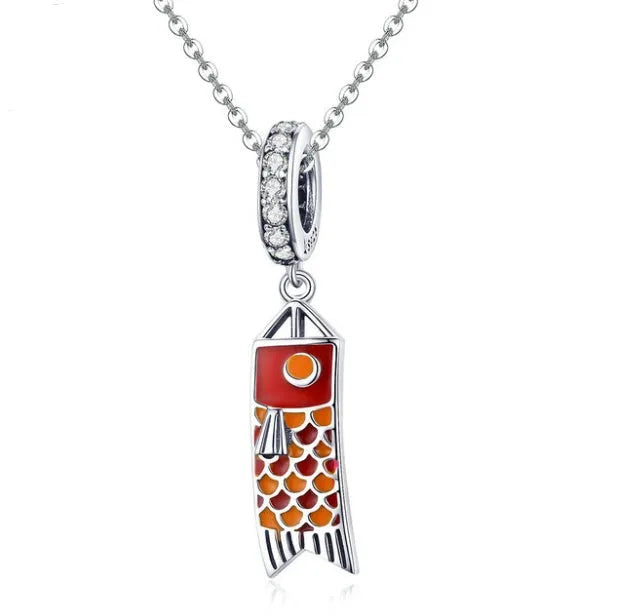 S925 sterling silver carp fish pendant with zircon stones, measuring 2.8cm tall.