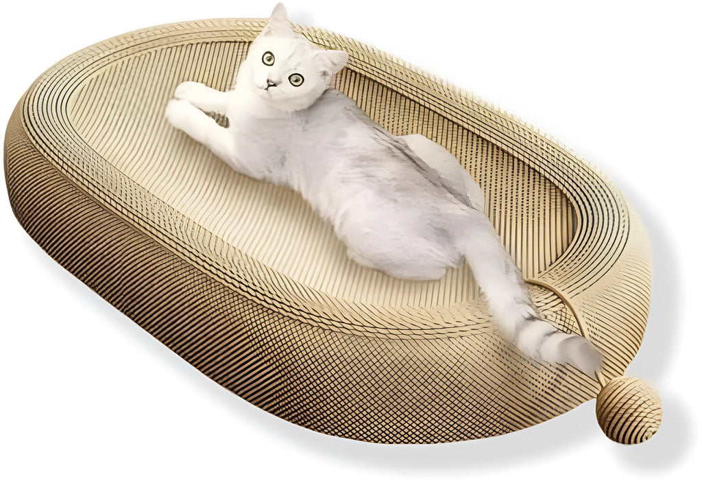 Large rectangular sisal cat scratching board with a raised cat bed lounge on top.
