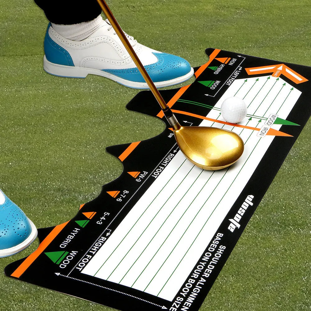 Black neoprene golf swing training mat with white alignment markings for stance correction.