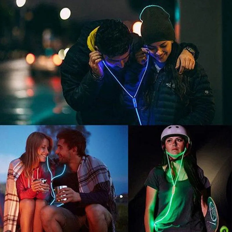 Blue Magic Light LED earphones with glowing stems, 3.5mm plug, and inline remote on a dark background.