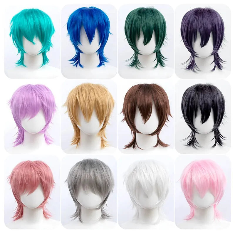 Short anime style cosplay wig with anti-curling hair tail in high-temperature fiber material