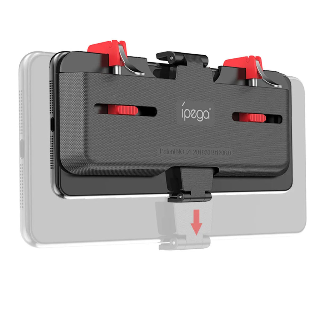 Black mobile phone gaming bracket with a metal trigger and telescopic fixing clip for phones.