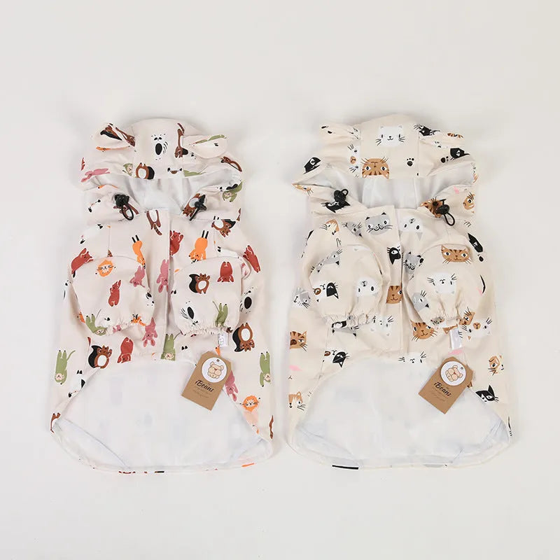 Beige cartoon pattern dog raincoat with double waterproof coating, shown in size L.