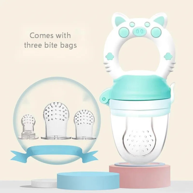 Blue, green, and pink silicone baby teethers showing both single and triple mouthpiece style options.