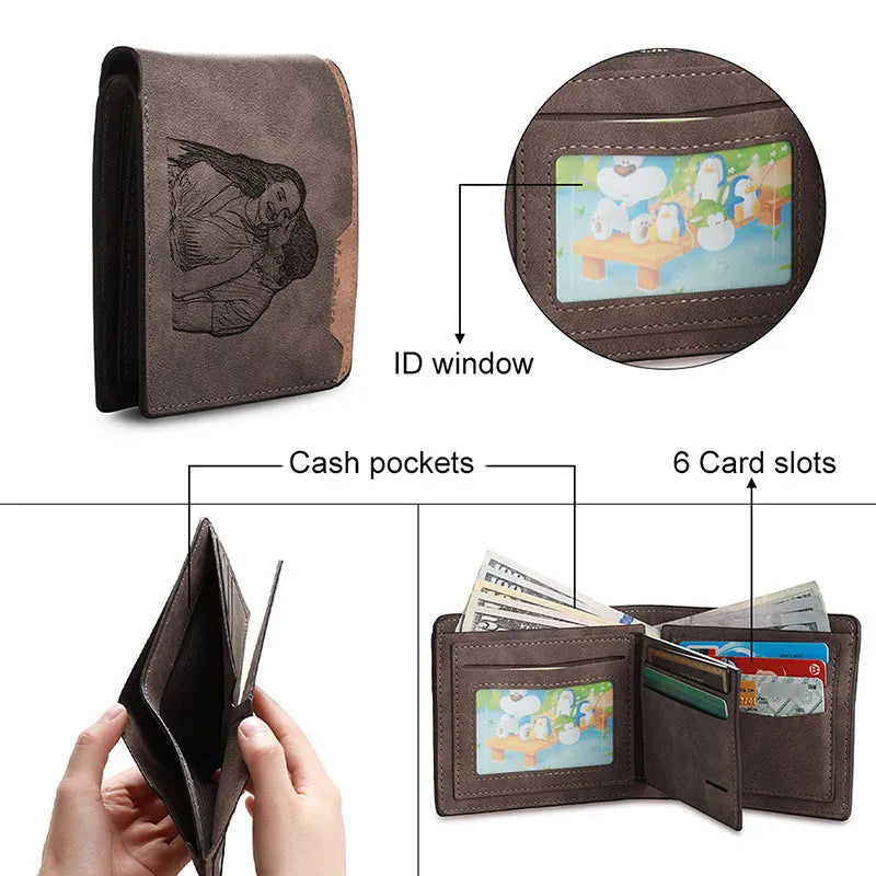 Coffee-colour engraved horizontal short wallet made from PU leather showing personalisation space.