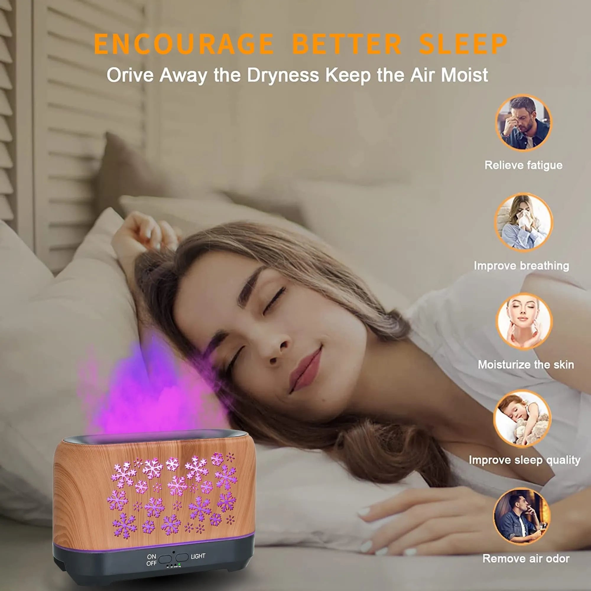 Colourful snowflake pattern wood grain aromatherapy humidifier with flame effect lighting on desktop