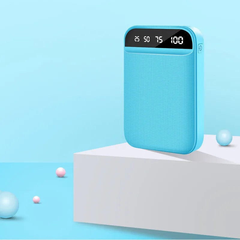 Mini portable power bank in black, blue, pink, or white with multiple USB ports.