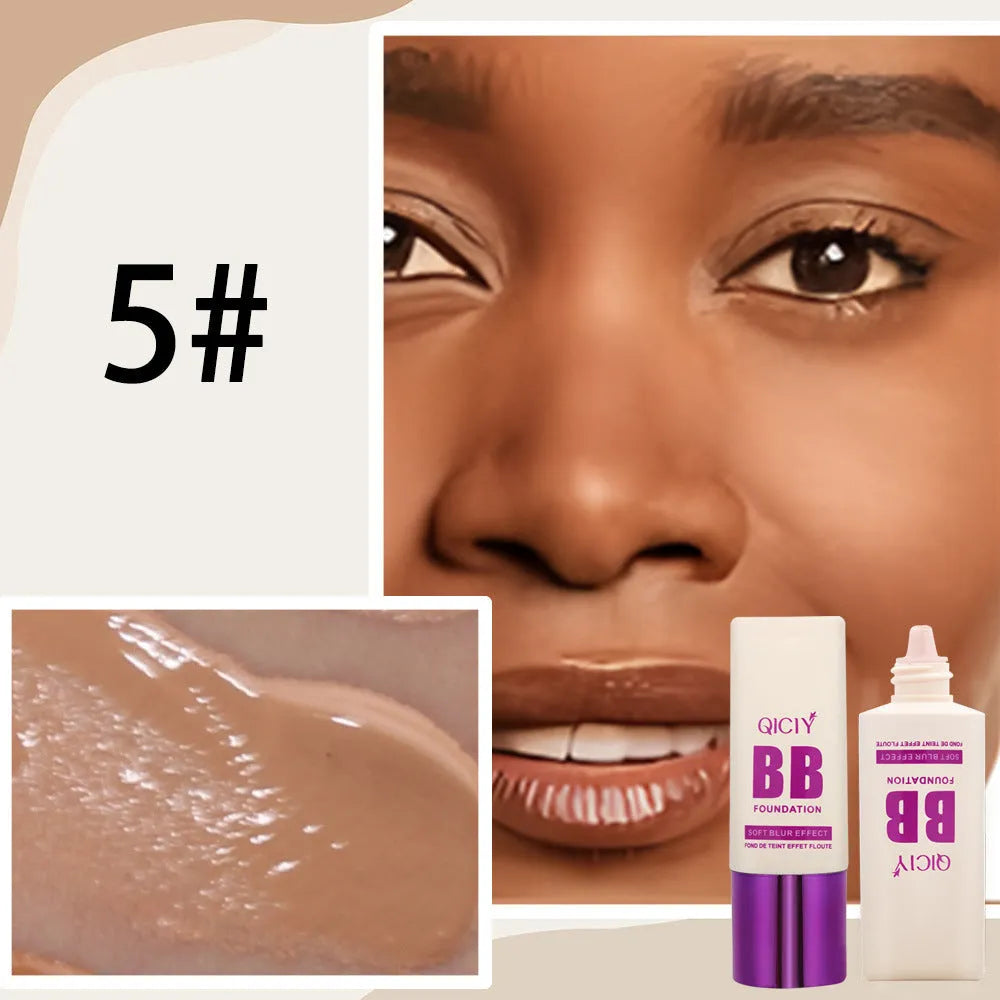 Feeding bottle of liquid foundation BB cream in one of ten available shades for brightening and concealing.