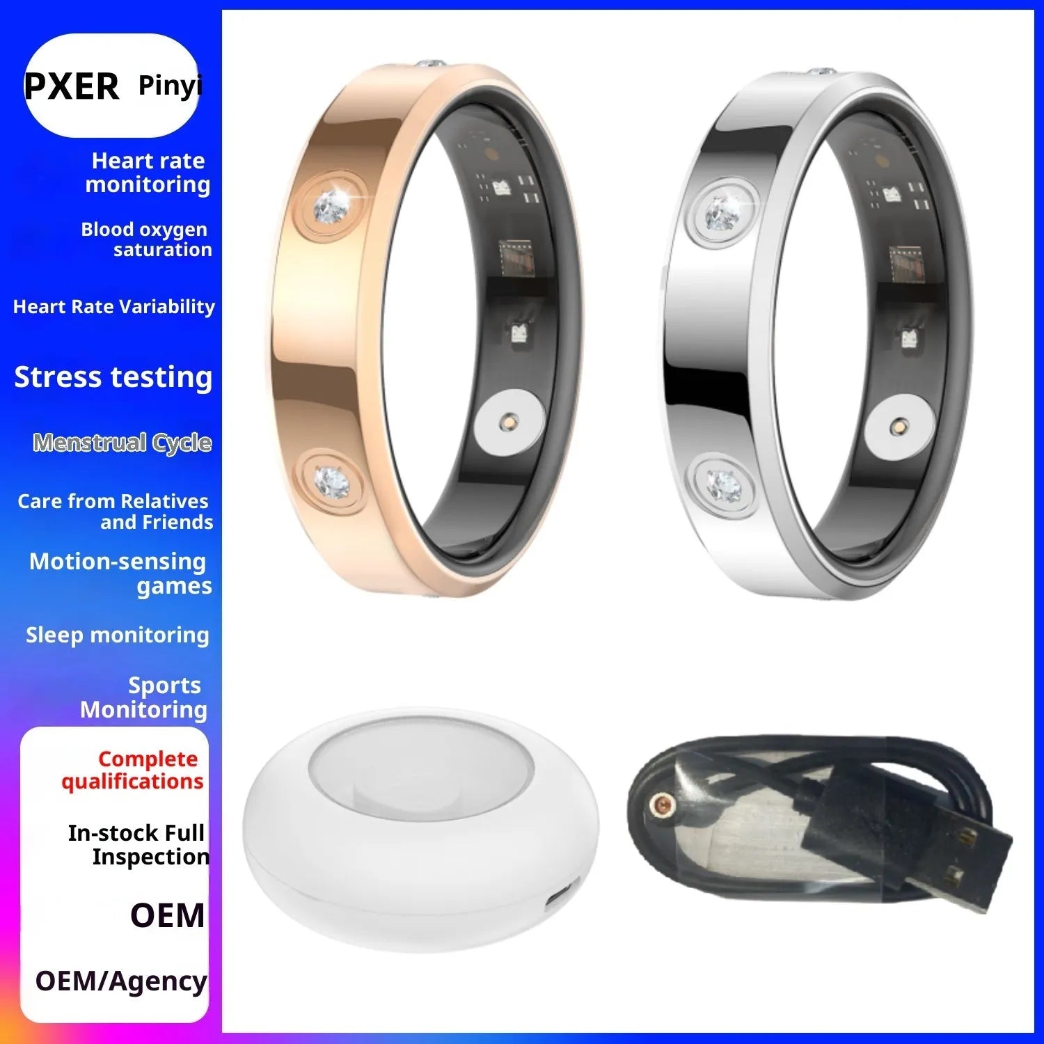 Silver intelligent smart ring with line charger, finger worn for blood oxygen and heart rate exercise monitoring