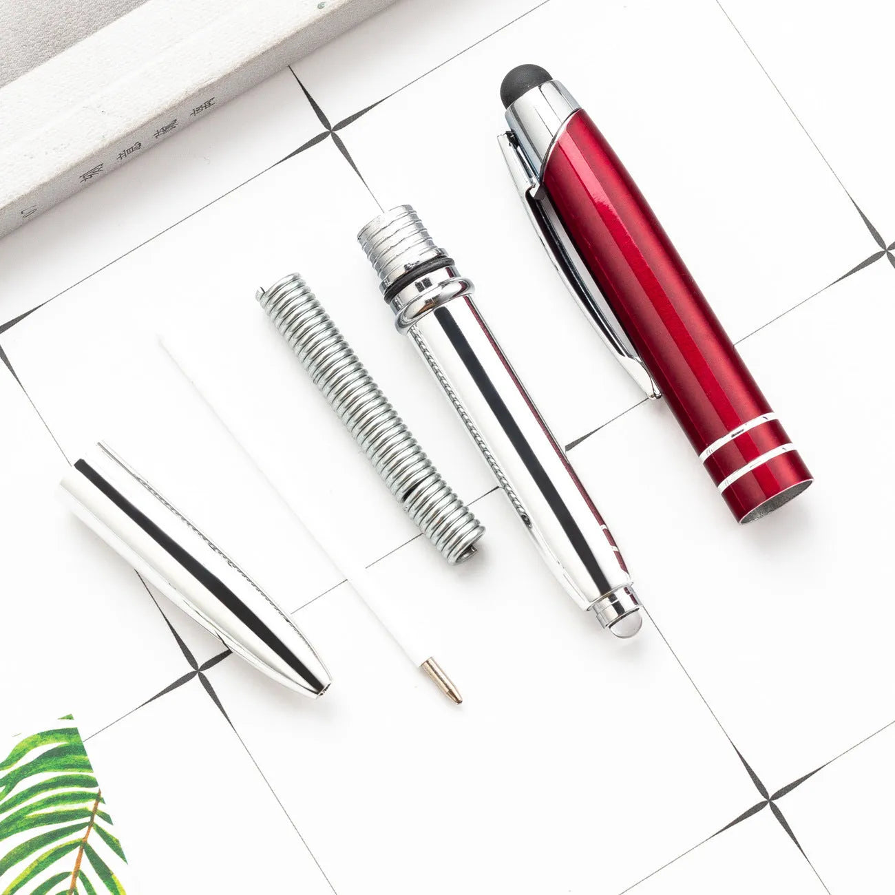 Red metal capacitive stylus ballpoint pen with LED light and bullet tip