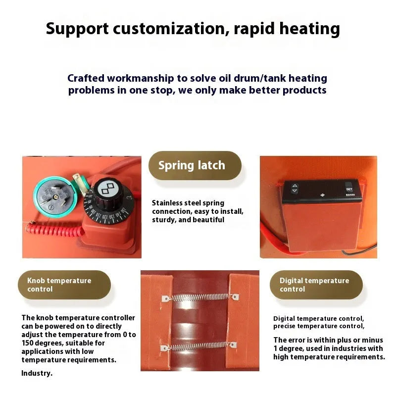 Silicone rubber heating belt wrapped around a 200-litre oil drum with digital control unit.