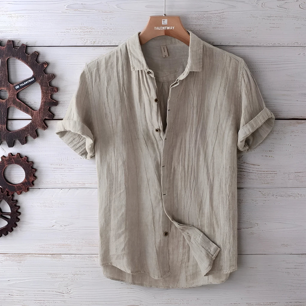 Men's solid colour retro distressed linen shirt in white with relaxed fit and button front