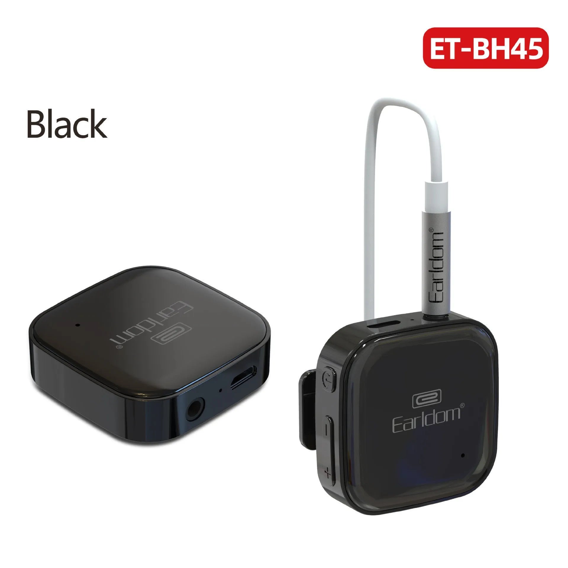 Black Bluetooth lavalier headset with clip, shown alongside packaging.