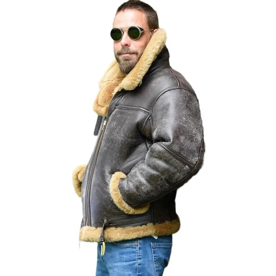 Men's vintage Western-style fur coat in black synthetic leather with straight hem design