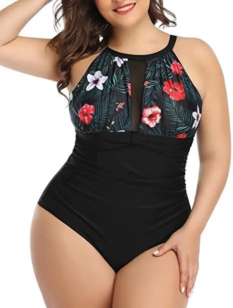 Women's black lace one-piece swimsuit on a hanger, plus size, European and American fit.
