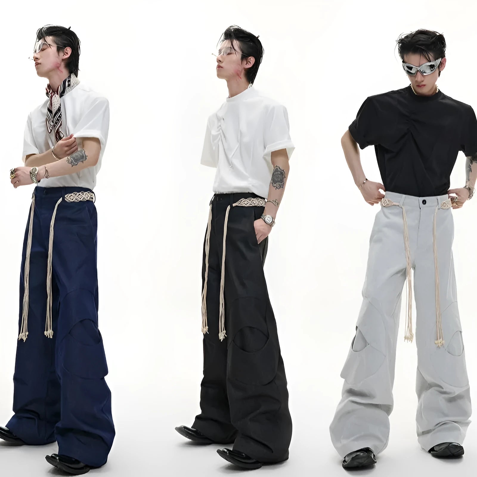 Men's dark blue straight-leg jeans with 3D cutting, belt stitching, and decorative pocket details