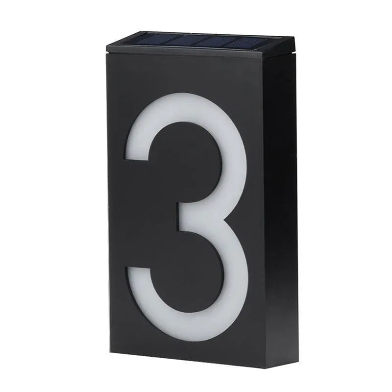 Solar powered outdoor house number light with white LEDs and waterproof ABS housing