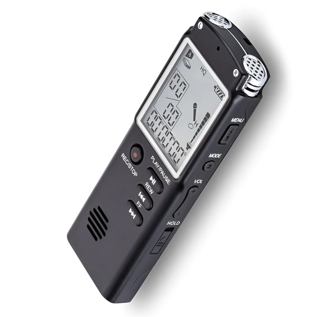 Black USB professional voice recorder unit with external microphone connector.