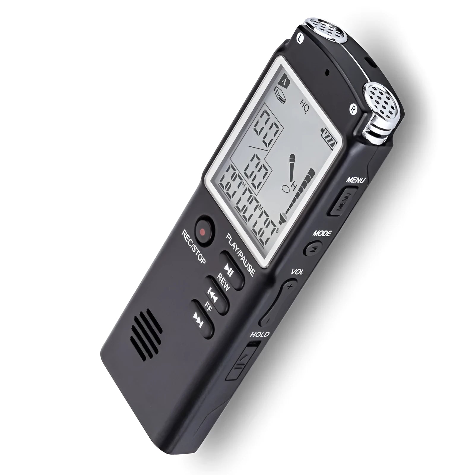 Black USB professional voice recorder unit with external microphone connector.