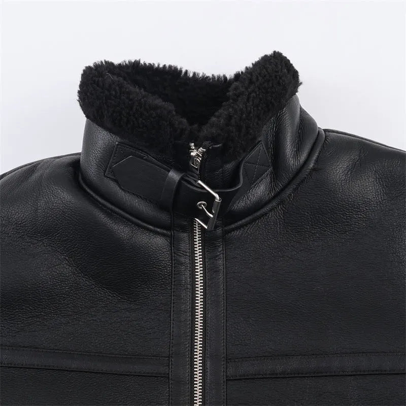 Women's double-sided fleece jacket in black with PU fabric, medium thickness, casual style, size S