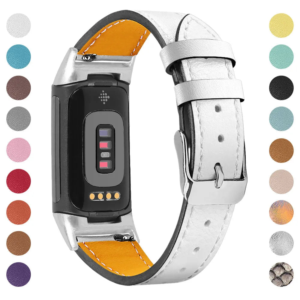 Genuine cowhide leather replacement strap for Fitbit Charge 5 and Charge 6 smartwatch in multiple colours.