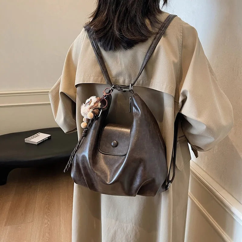 Textured PU leather women's shoulder backpack in horizontal square shape with single strap