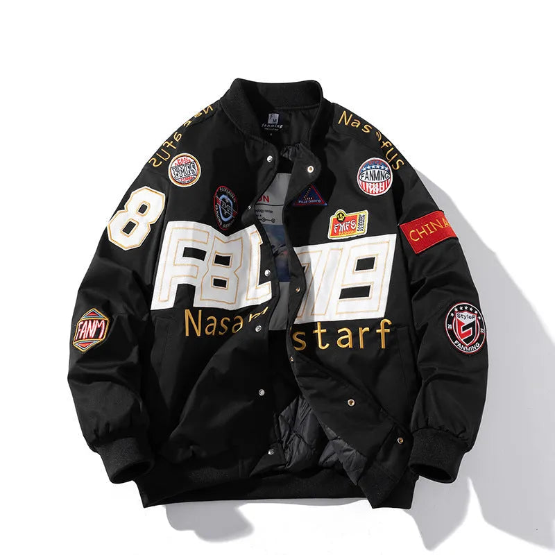 Black American motorcycle-style loose-fit baseball jacket with side pocket, shown with detachable hood.